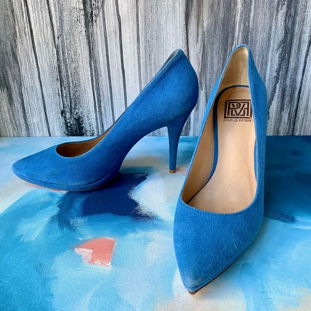 Pour La Victoire Blue Suede Platform Pumps Heels Size 9.5 Pointed Toe Designer - Picture 3 of 12